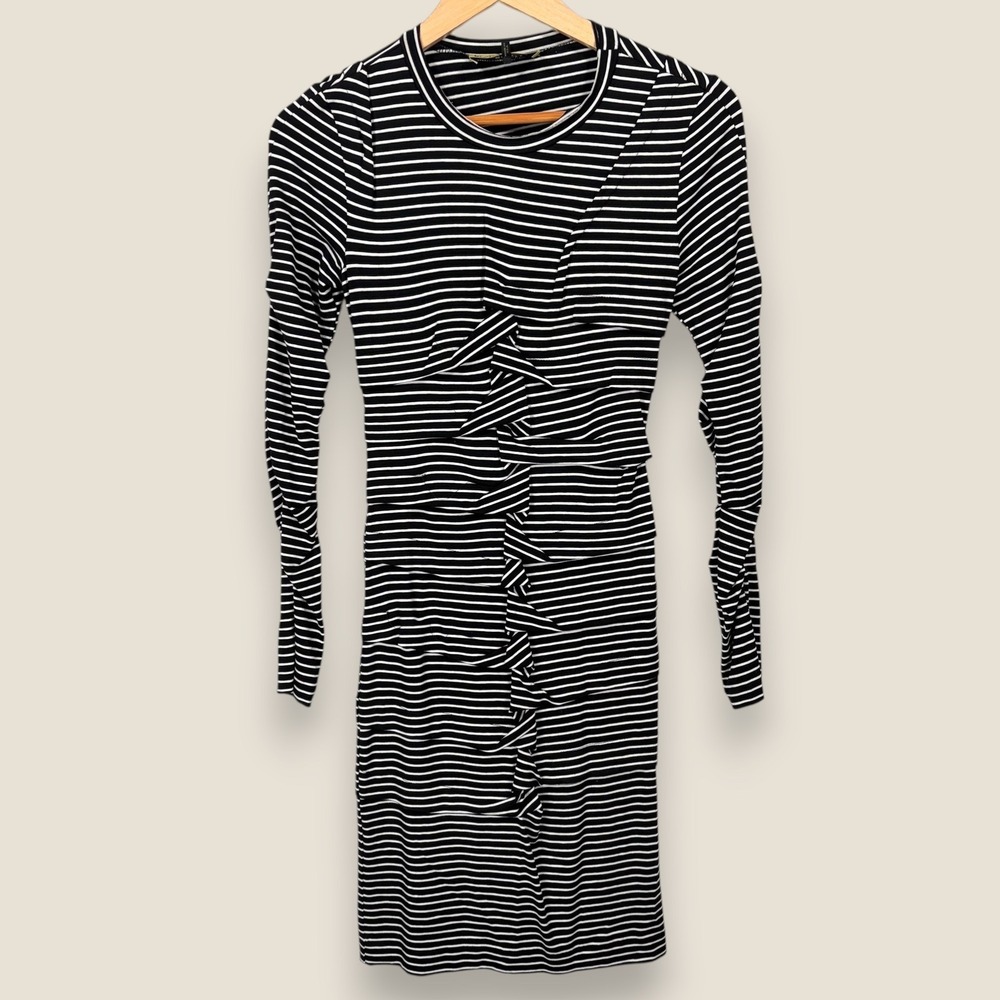 Nicole Miller Studio One Dress Womens P Black White Striped Ruched Bodycon Mini